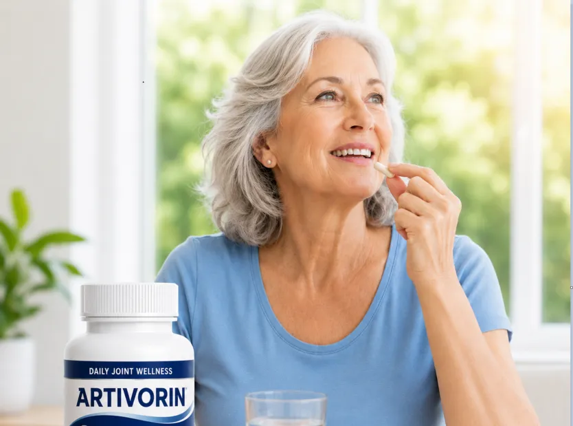 Woman taking a daily supplement capsule with a glass of water